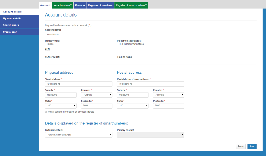 Account details page