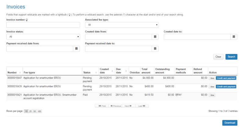 Invoices search results