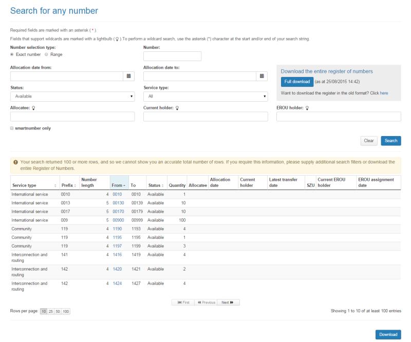 Register of numbers search results