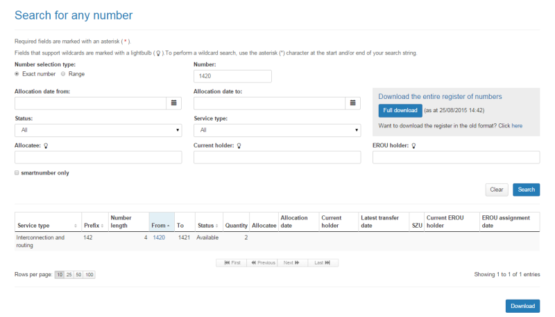 Register of numbers search results