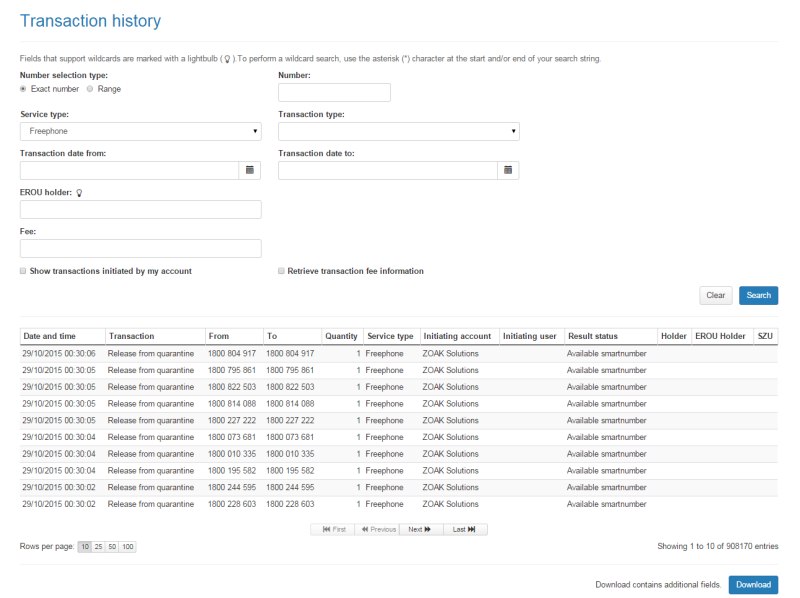 Number transaction history search results