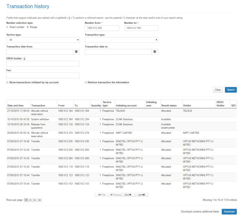 Number transaction history search results