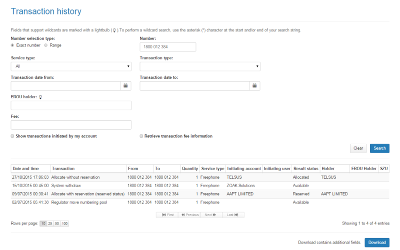 Number transaction history search results